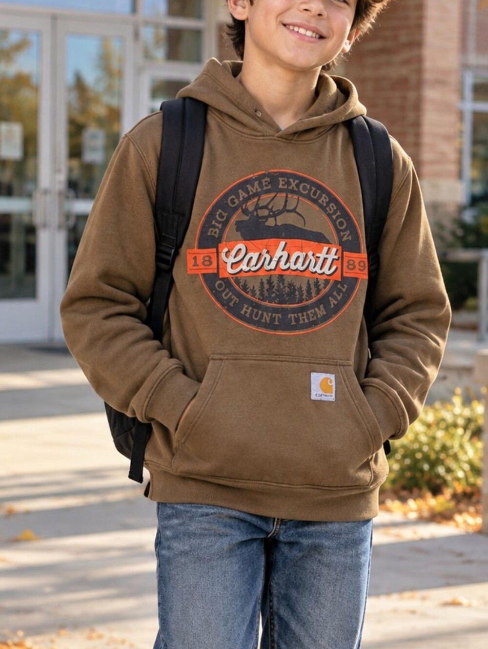 Carhartt Boys Brown Outdoor Graphic Pullover Hoodie Size M 10-12